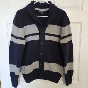 Banana Republic Shawl Collar Navy Gray Button Cotton Heavy Sweater Cardigan Sz L